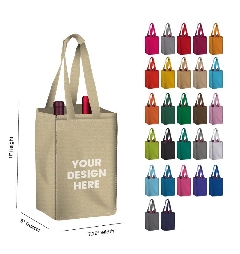 Reusable 2-Bottle Wine Tote Bag-7.25x11x5 with Bottom Gusset | Custom Printed Wine Totes